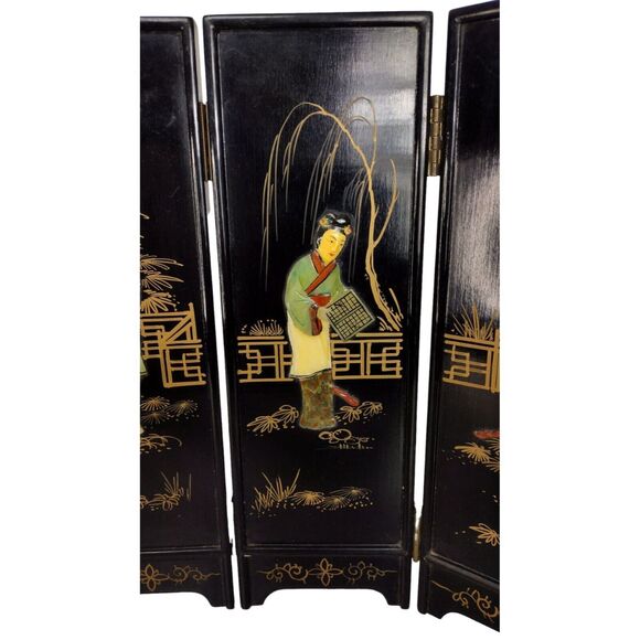 Vintage 1950s Geisha Lacquered Bamboo Abalone Paneled Tabletop Screen Divider - Picture 9 of 12